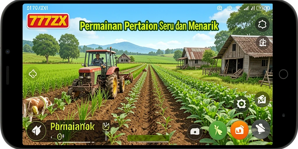 Tampilan gameplay menarik dari 777ZX dengan aktivitas bertani yang seru.