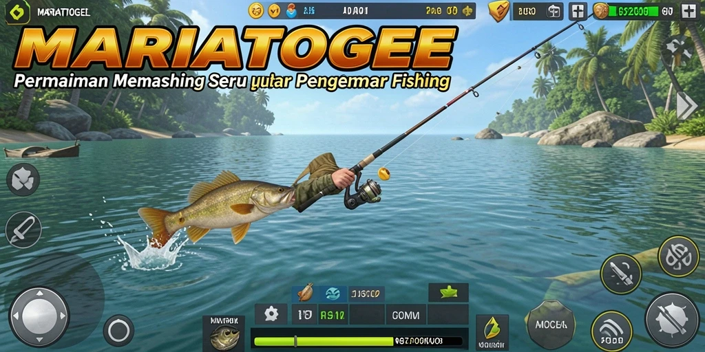 Screenshot gameplay MARIATOGEL yang menunjukkan aksi memancing yang seru.