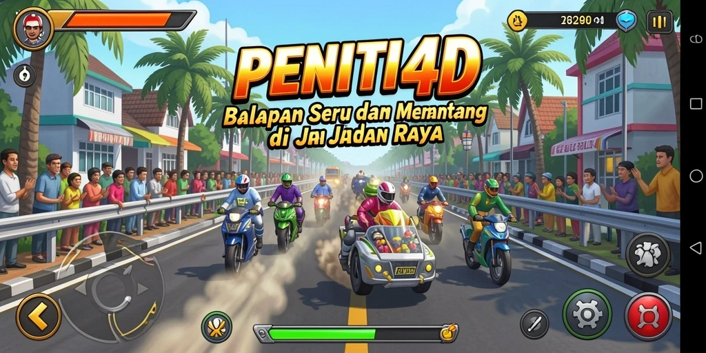Tampilan balapan seru di PENITI4D dengan mobil kustomisasi.